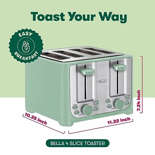 Green Bella 4-slice toaster with dimensions and easy breakfast label.