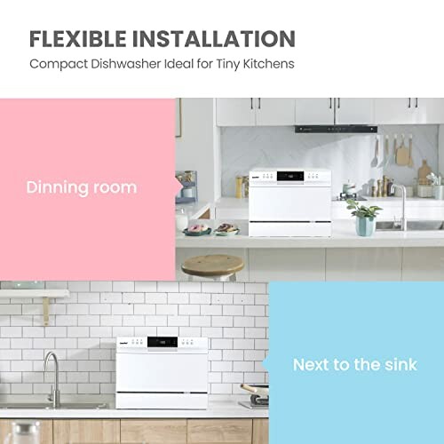 Compact dishwasher installation options in kitchen and dining room.