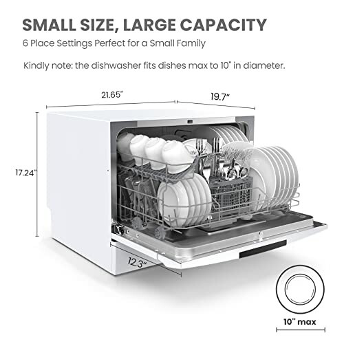 Compact dishwasher with open door showing capacity, holding plates and utensils.