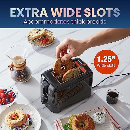 Toaster with extra wide slots for thick breads, surrounded by breakfast items.