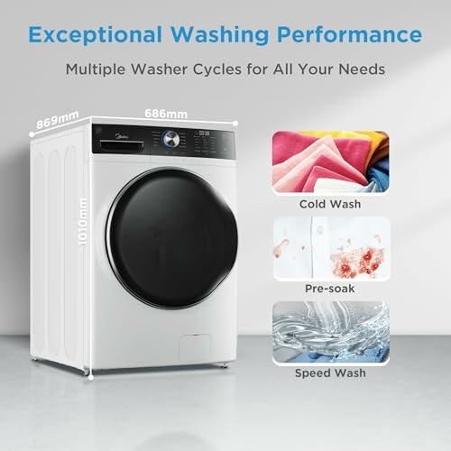 Front-load washing machine with features like cold wash, pre-soak, and speed wash.