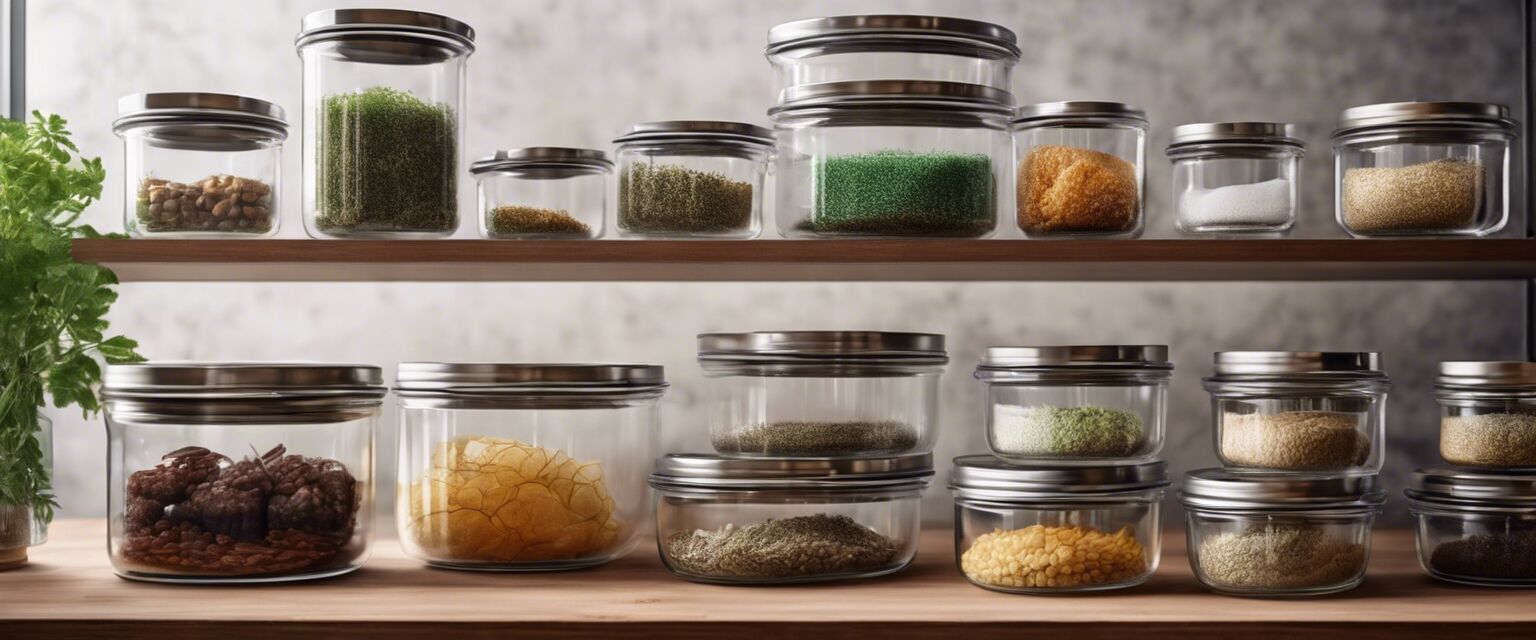 Organized glass containers on a shelf.