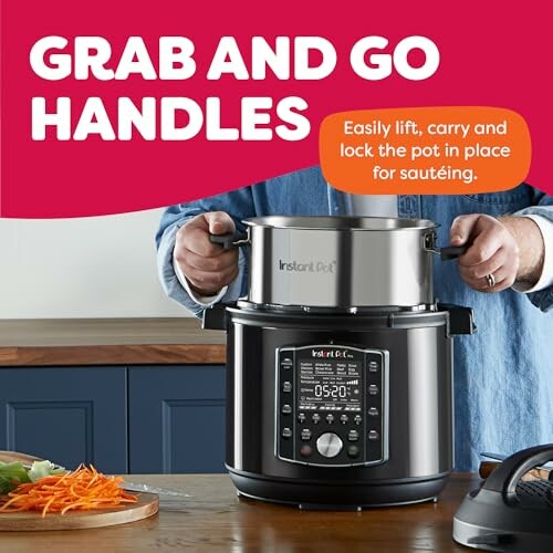 Person using Instant Pot with grab and go handles on a kitchen counter.