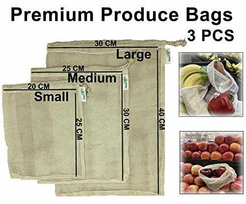 Three reusable produce bags in small, medium, and large sizes with fruits and vegetables.