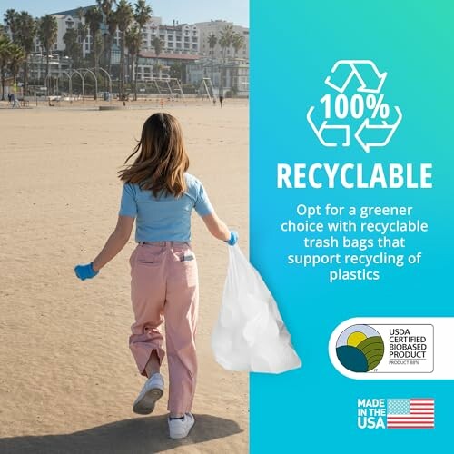 Person picking up trash on a beach to promote recyclable bags.