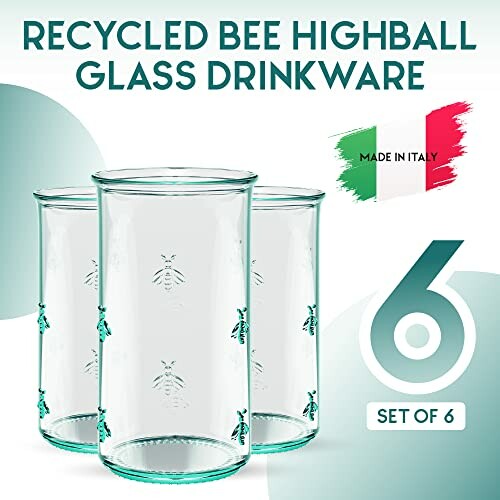 Set of 6 recycled bee highball glasses made in Italy.