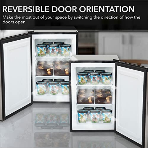 Mini fridge with reversible door orientation, filled with assorted items.