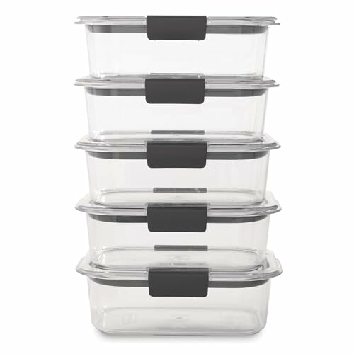 Stack of five transparent food storage containers with black lids.