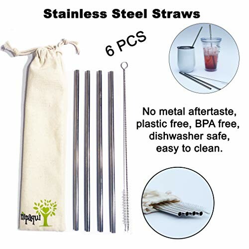 Stainless steel straws set with cleaning brush and fabric pouch.