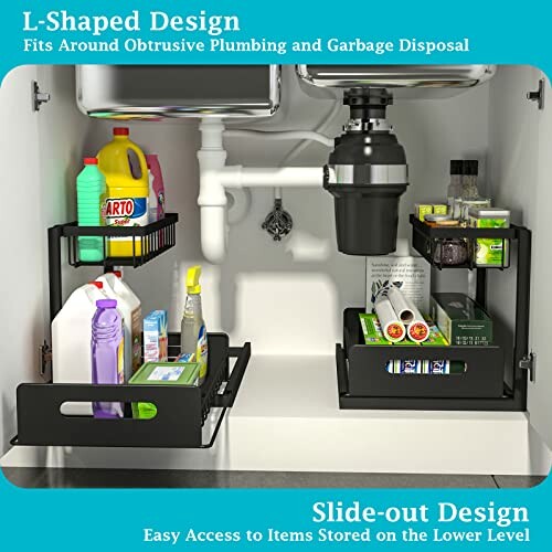 Under-sink storage organizer with cleaning supplies and L-shaped design.