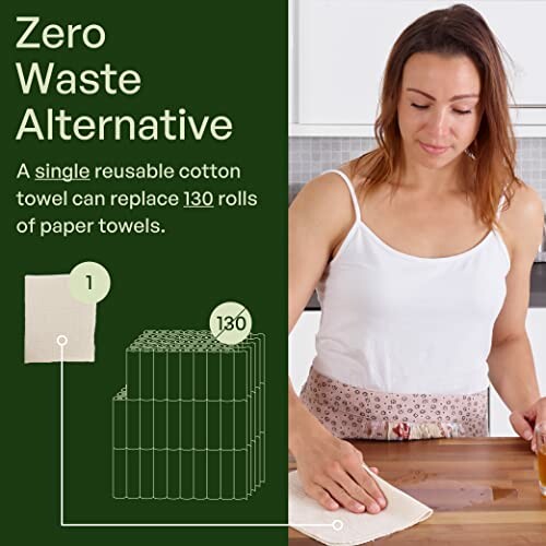 Woman using a reusable cotton towel as a zero waste alternative to paper towels.